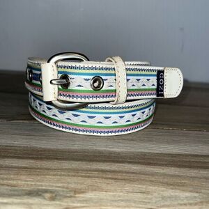 Vintage Izod Genuine Leather Belt Women’s Size Small White Multicolor Ribbon